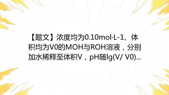 【题文】浓度均为0 10mol·l 1、体积均为v0的moh与roh溶液，分别加水稀释至体积v，ph随lg V V0 的变化如图所示，下列叙述错误的是 百度教育